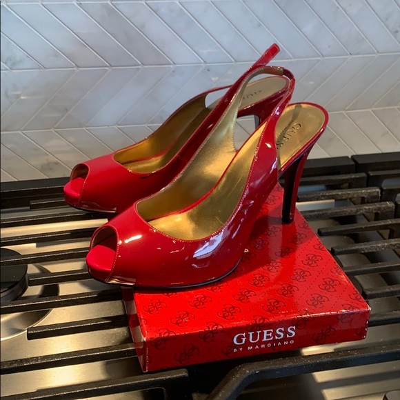 Red peep toe sling back pumps - Picture 5 of 8